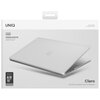 Opakowanie produktu z przezroczystym etui na laptopa UNIQ Claro do Apple MacBook Air 15 cali, z widocznym logo UNIQ oraz napisem "KEYBOARD PROTECTOR & WEBCAM PRIVACY COVER INCLUDED". Na dole znajduje się napis "Claro Ultra-Slim Hardshell Case For MacBook"
