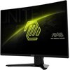 Na zdjęciu widoczny jest monitor z zakrzywionym ekranem, na którym wyświetlany jest neonowy, żółto-zielony wzór z logo i napisami "MAG" oraz "MSI ARSENAL GAMING". Monitor stoi na czarnej podstawie, a na ramce widoczne jest logo "msi".
