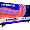 Telewizor marki HYUNDAI z ekranem 24 cale, wyświetlający kolorową grafikę z napisami "Smart WiFi" i "HDR". Na górze ekranu widoczne jest logo HYUNDAI.