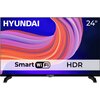 Telewizor z kolorowym, abstrakcyjnym tłem na ekranie, z widocznymi napisami: "HYUNDAI", "24"", "Smart WiFi", "HDR". Na dolnej ramce znajduje się logo "HYUNDAI".
