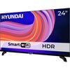 Telewizor marki Hyundai z ekranem o przekątnej 24 cale, wyświetla kolorową grafikę z napisem "HYUNDAI" oraz oznaczeniami "Smart WiFi" i "HDR". Na obudowie widoczne jest logo "HYUNDAI".