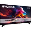 Telewizor marki HYUNDAI o przekątnej 24 cale wyświetla kolorowy obraz z chmurami, a na ekranie widoczne są napisy: "HYUNDAI", "24''", "Smart WiFi" oraz "HDR". Na dolnej ramce telewizora znajduje się logo HYUNDAI.