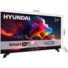 Telewizor marki HYUNDAI o przekątnej 24 cale, z widocznymi napisami "Smart WiFi" i "HDR". Wymiary telewizora to 55,30 cm szerokości, 35,80 cm wysokości i 13,20 cm głębokości.