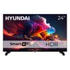 Telewizor marki Hyundai z ekranem wyświetlającym kolorowe, dynamiczne chmury, z widocznymi napisami: "HYUNDAI", "24"", "Smart WiFi" oraz "HDR". Na dolnej ramce znajduje się logo "HYUNDAI".