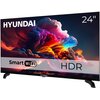 Telewizor marki Hyundai z ekranem 24 cale wyświetla kolorową grafikę z chmurami. Na ekranie widoczne są napisy: "HYUNDAI", "24"", "Smart WiFi" oraz "HDR".
