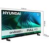 Na zdjęciu widoczny jest telewizor z logo "HYUNDAI" na górze ekranu, z napisem "android tv FULL HD" na dole oraz oznaczeniem rozmiaru "32''". Obok telewizora znajdują się wymiary: 73,50 cm szerokości, 48,00 cm wysokości i 18,50 cm głębokości.