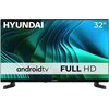 Telewizor marki HYUNDAI z ekranem o przekątnej 32 cale, wyświetla dynamiczną grafikę w odcieniach zieleni i niebieskiego. Na ekranie widoczne są napisy: "HYUNDAI", "32”", "android tv", "FULL HD".