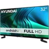 Telewizor marki HYUNDAI o przekątnej 32 cale z wyświetlaczem LED, prezentujący kolorową grafikę na ekranie. Na ekranie widoczne są napisy: "android tv" oraz "FULL HD".