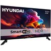 Telewizor marki HYUNDAI o przekątnej 32 cale z kolorowym obrazem chmur na ekranie, posiada oznaczenia "Smart WiFi" i "HDR". Na obudowie widoczne jest logo HYUNDAI.