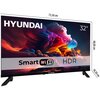 Telewizor marki HYUNDAI o przekątnej 32 cale, z kolorowym wyświetlaczem, na którym widnieje napis "Smart WiFi HDR". Wymiary telewizora to 73,50 cm szerokości, 48,00 cm wysokości i 18,50 cm głębokości.