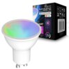 Na zdjęciu znajduje się inteligentna żarówka LED z kolorowym światłem oraz opakowanie z napisem "BULB LED SMART MODEL: G10" i logo "EXTRALINK Smartlife". Na opakowaniu widoczne są również ikony funkcji, kod kreskowy oraz informacje o sterowaniu za pomocą aplikacji "Extralink Smartlife" i "Tuya".