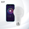 Na zdjęciu widoczna jest inteligentna żarówka LED oraz smartfon z aplikacją do jej sterowania, pokazującą kolorowy okrąg i suwaki do regulacji jasności i temperatury barwowej. W lewym górnym rogu znajduje się napis "E27".