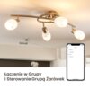 Na zdjęciu widoczny jest sufitowy żyrandol z czterema białymi kloszami oraz smartfon z aplikacją pokazującą listę pomieszczeń: "Bedroom", "Living Room", "Office", "Basement". Na dole zdjęcia znajduje się tekst: "Łączenie w Grupy i Sterowanie Grupą Żarówek".