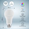 Na zdjęciu znajduje się biała żarówka LED o wymiarach 62 mm na 125 mm, z oznaczeniami: "LED 14W", "60W", "16 milionów kolorów", "Barwa: 2700K-6500K", "Możliwość regulacji jasności światła", "Sterowanie za pomocą aplikacji" oraz "Możliwość sterowania głosowego".