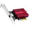 Na zdjęciu znajduje się wewnętrzna karta sieciowa z czerwonym radiatorem i złączem PCI Express. Na radiatorze widoczny jest napis "cudy", a obok znajduje się port Ethernet.