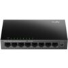 Czarny switch sieciowy z ośmioma portami Ethernet, oznaczony jako "8-Port Gigabit Light Managed Switch GS108E", z widocznymi zielonymi diodami LED nad każdym portem. W prawym górnym rogu znajduje się logo "cudy", a po prawej stronie widoczny jest port zas