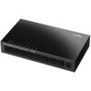 Czarny switch sieciowy z ośmioma portami Ethernet, oznaczony jako "8-Port Gigabit Light Managed Switch GS108E", z widocznymi diodami LED nad każdym portem oraz napisem "cudy" na górnej powierzchni. Po prawej stronie znajduje się gniazdo zasilania opisane 