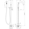 Schemat techniczny przedstawia baterię wannową stojącą z wymiarami: wysokość 1044-1064 mm, szerokość 336 mm, oraz średnicą podstawy Ø150 mm. Widoczne są szczegóły konstrukcyjne, takie jak wymiary poszczególnych elementów, w tym wąż o długości 211 mm i śre