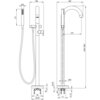 Schemat techniczny baterii wannowej stojącej z wymiarami: wysokość 1044-1064 mm, szerokość 336 mm, średnica podstawy 150 mm, długość wylewki 241 mm, średnica węża 32 mm. Widoczne są szczegóły konstrukcyjne, takie jak uchwyt, wąż prysznicowy oraz oznaczeni
