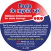 Czerwona i niebieska etykieta produktu "Pasta do mycia rąk ORO" zawiera tekst: "testowana dermatologicznie bez piasku ściernego" oraz szczegółowy opis zastosowania i właściwości pasty, w tym informację o braku piasku i przyjemnym zapachu. Na dole etykiety