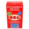 Czerwone opakowanie produktu z napisem "POCHŁANIACZ WILGOCI WKŁAD + POJEMNIK 450 G" oraz logo "ORO". Na dole opakowania znajduje się tekst: "Wysoka jakość absorbentu zapewnia kilkumiesięczne użytkowanie. Nie wymaga zasilania ani innych urządzeń." oraz ikony przedstawiające różne zastosowania.