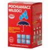 Czerwone opakowanie produktu z napisem "POCHŁANIACZ WILGOCI" oraz logo "ORO PERFEKT", przedstawia niebieskie krople wody nad parasolem. Na opakowaniu znajdują się również piktogramy sugerujące zastosowanie oraz tekst: "Wysoka jakość absorbentu zapewnia kilkumiesięczne użytkowanie. Nie wymaga zasilania ani innych urządzeń."