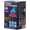 Pudełko produktu "Pochłaniacz wilgoci ORO AD204 2 x 450 g" z napisem "WKŁADY UZUPEŁNIAJĄCE" oraz logo ORO PERFEKT. Na opakowaniu znajdują się ikony przedstawiające różne zastosowania, a także teksty: "Wysoka jakość absorbentu zapewnia kilkumiesięczne użytkowanie. Nie wymaga zasilania ani innych urządzeń." oraz "Przekonujemy jakością!".