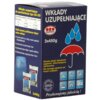 Opakowanie produktu "Pochłaniacz wilgoci ORO AD204 2 x 450 g" z napisem "WKŁADY UZUPEŁNIAJĄCE" oraz logo "ORO PERFEKT". Na opakowaniu znajdują się informacje o działaniu produktu, jego zaletach oraz ikonki przedstawiające zastosowanie w różnych miejscach, takich jak dom czy samochód.