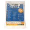 Opakowanie produktu z napisem "ABSODRY moisture bye bye REFILL" oraz oznaczeniem "450g 35m³" na niebieskim tle z kroplami wody. Na dole widoczne są ikony przedstawiające różne zastosowania, napis "Made in Sweden" oraz "PERFUME FREE".