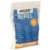 Opakowanie produktu z napisem "ABSODRY moisture bye bye REFILL" oraz oznaczeniem "450g 35m³" na niebieskim tle z kroplami wody. Na opakowaniu widoczne są flagi różnych krajów z tłumaczeniami oraz piktogramy sugerujące zastosowanie produktu.
