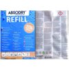 Opakowanie produktu "Absodry Refill" z napisem "450g, 35m²" na niebieskim tle z kroplami wody, zawiera informacje w wielu językach dotyczące wkładu do pochłaniacza wilgoci. Na dole widoczne są ikony dotyczące recyklingu, napis "Made in Sweden" oraz logo "everbrand sweden".
