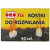 Żółte opakowanie produktu z napisem "ORO fix KOSTKI DO ROZPALANIA 40 szt." przedstawia dwa płonące białe kostki na tle węgla.