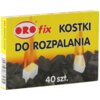 Żółte opakowanie produktu z napisem "ORO fix KOSTKI DO ROZPALANIA 40 szt." przedstawia kostki na tle płomieni i węgla. Na boku opakowania widnieje napis "PRODUKT POLSKA".