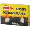Żółte opakowanie z napisem "ORO fix KOSTKI DO ROZPALANIA 40 szt." przedstawia kostki do rozpalania na tle węgla z płomieniami. Na boku opakowania widnieje napis "ORO-fix 40 kostek do rozpalania".