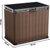 Brązowy schowek ogrodowy z pionowymi panelami i czarnym, płaskim dachem, o wymiarach 120 cm wysokości, 82 cm głębokości i 141 cm szerokości. Na górnej części widoczne jest logo "Keter".