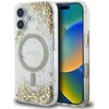 Przezroczyste etui na telefon z widocznymi złotymi drobinkami i okrągłym wzorem na środku, w którym znajduje się napis "GUESS". Obok etui widoczny jest telefon z kolorowym ekranem.