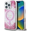Etui na telefon z przezroczystego materiału ozdobione różowym brokatem i wzorem w kształcie okręgu, w środku którego znajduje się napis "GUESS". W tle widoczny jest ekran telefonu z kolorowym gradientem.