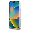 Przezroczyste etui na telefon z różowymi elementami brokatowymi, zaprojektowane dla modelu Apple iPhone 16 Pro Max, posiada wycięcia na przyciski i porty. Na ekranie telefonu widoczna jest abstrakcyjna, kolorowa grafika z dominującymi odcieniami niebieskiego, zielonego i pomarańczowego.