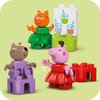 Na zdjęciu widoczne są kolorowe klocki i figurki z zestawu LEGO 10453 DUPLO Peppa Pig Wesołe miasteczko, ułożone na niebieskim tle. W górnej części zdjęcia znajduje się napis: "LOGICZNE MYŚLENIE + WYRAŻANIE EMOCJI CODZIENNE RUTYNY + ROZUMIENIE EMOCJI".