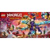 Opakowanie zestawu LEGO NINJAGO Dragons Rising przedstawia dużego, kolorowego smoka z elementami w odcieniach złota, fioletu i błękitu, otoczonego przez kilka minifigurek ninja w dynamicznych pozach. Na czerwonym tle widnieje logo LEGO oraz napis "NINJAGO