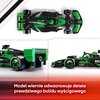 Model LEGO przedstawia szczegółowy bolid wyścigowy w kolorach zielonym i czarnym z widocznymi napisami "KICK", "#UNLEASHED", "PZERO", "Accelyon", "MASCOT WORKWEAR" oraz "FIX". Na dole zdjęcia znajduje się tekst: "Model wiernie odwzorowuje detale prawdziwe