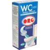 Niebieskie opakowanie produktu z napisem "WC TABS REINIGER + ENTKALKER HYGIENE & FRISCHE" oraz logo "ORO" w czerwonym okręgu. Na opakowaniu znajduje się ilustracja toalety z kostką czyszczącą oraz tekst "Wirkt gegen Kalk- und Urinsteinansatz", a w dolnej 