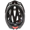 Czerwony kask rowerowy z czarnymi elementami, widoczny od spodu, z wyraźnymi otworami wentylacyjnymi i regulowanymi paskami. Wnętrze kasku wyłożone jest materiałem ochronnym, a na zewnętrznej części znajduje się logo producenta.