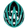 Kask rowerowy w kolorze lazurowym z czarnymi elementami, posiada liczne otwory wentylacyjne i aerodynamiczny kształt. Na zdjęciu widoczny jest z góry, ukazując symetryczny wzór i połyskującą powierzchnię.
