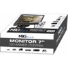 Pudełko produktu "Wyświetlacz do kamer cofania MBG LINE JW-2CH10" z widocznym zdjęciem monitora pokazującego samochód na drodze oraz pilotem, z napisami: "MBG line MONITOR 7'' DO KAMER COFANIA 12/24V" i ikonami różnych pojazdów.