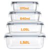 Cztery szklane pojemniki na żywność z pokrywkami i uszczelkami, ułożone jeden na drugim, z oznaczeniami pojemności: 370 ml, 640 ml, 1,05 L i 1,52 L w pomarańczowym kolorze.