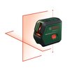 Zielony laser krzyżowy z czerwonymi liniami projekcyjnymi, na którym widnieje logo "BOSCH" oraz napis "Universal Level 2". Na urządzeniu znajduje się czerwony przycisk z oznaczeniami "ON" i "OFF".