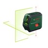 Zielony laser krzyżowy z czerwonym przyciskiem i napisem "BOSCH Advanced Level 2G" emituje zielone linie w pionie i poziomie. Na urządzeniu widoczne są także symbole włączania i wyłączania.
