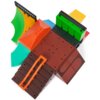 Zestaw do fingerboard składa się z kolorowych elementów, w tym ramp, schodków i poręczy, w odcieniach zieleni, pomarańczu, brązu i niebieskiego. Na zdjęciu widoczne są różnorodne kształty i faktury, które tworzą miniaturowy skatepark.