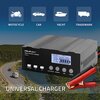 Na zdjęciu znajduje się inteligentna ładowarka Qoltec z wyświetlaczem pokazującym różne tryby ładowania oraz przyciski oznaczone jako "CHARGING", "24V", "12V", "12.6V LITHIUM", "ORDINARY", "AGM", "REPAIR". W tle widoczna jest droga biegnąca wzdłuż zbiorni